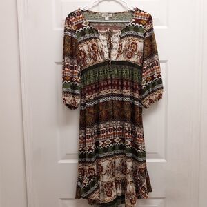 One World Boho Midi Dress Mixed Print Smocked Waist Medium Festival Cottagecore